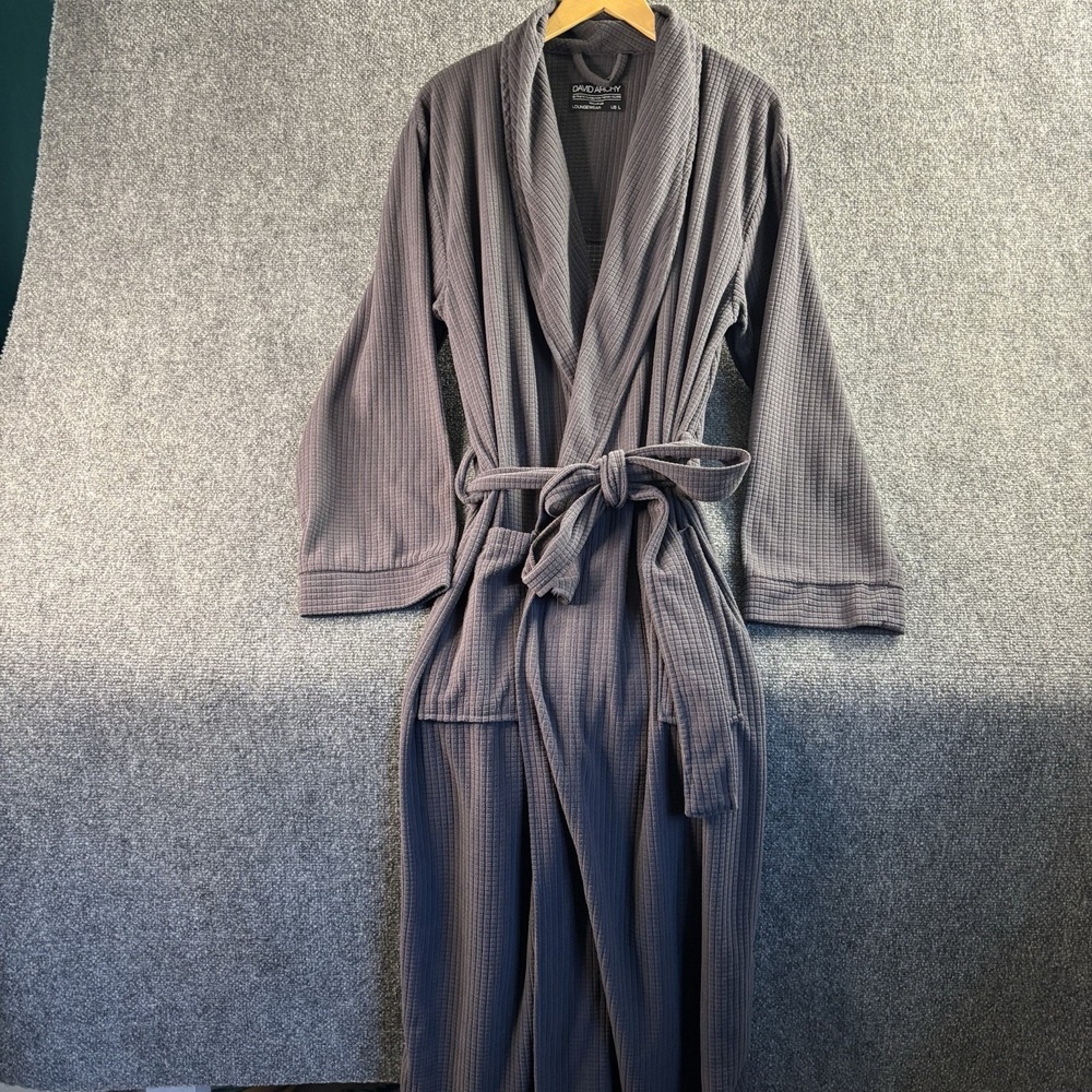David Archy L Mens Long Robe Pockets Dark Gray Fleece Waffle Bathrobe Belt